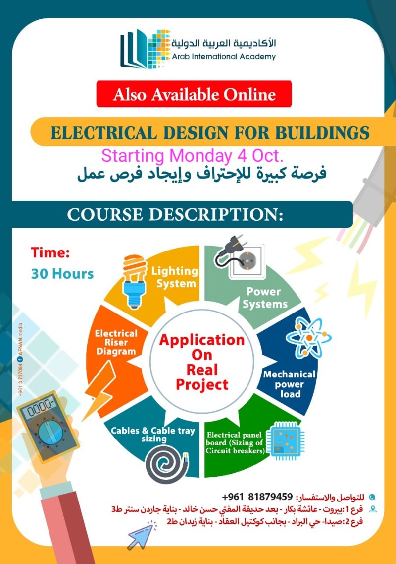 الأكاديمية العربية الدولية تقدم دورة احترافية لتصميم الكهرباء للمباني اليوم الاثنين