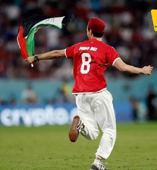 مشجع تونسي يدخل أرضية الملعب بالعلم الفلسطيني